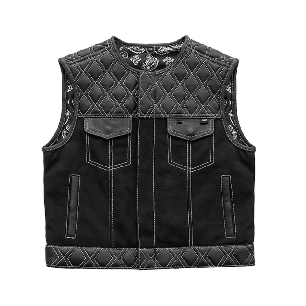 Men's Club Style Leather Denim Paisley Motorcycle Vest Concealed Carry